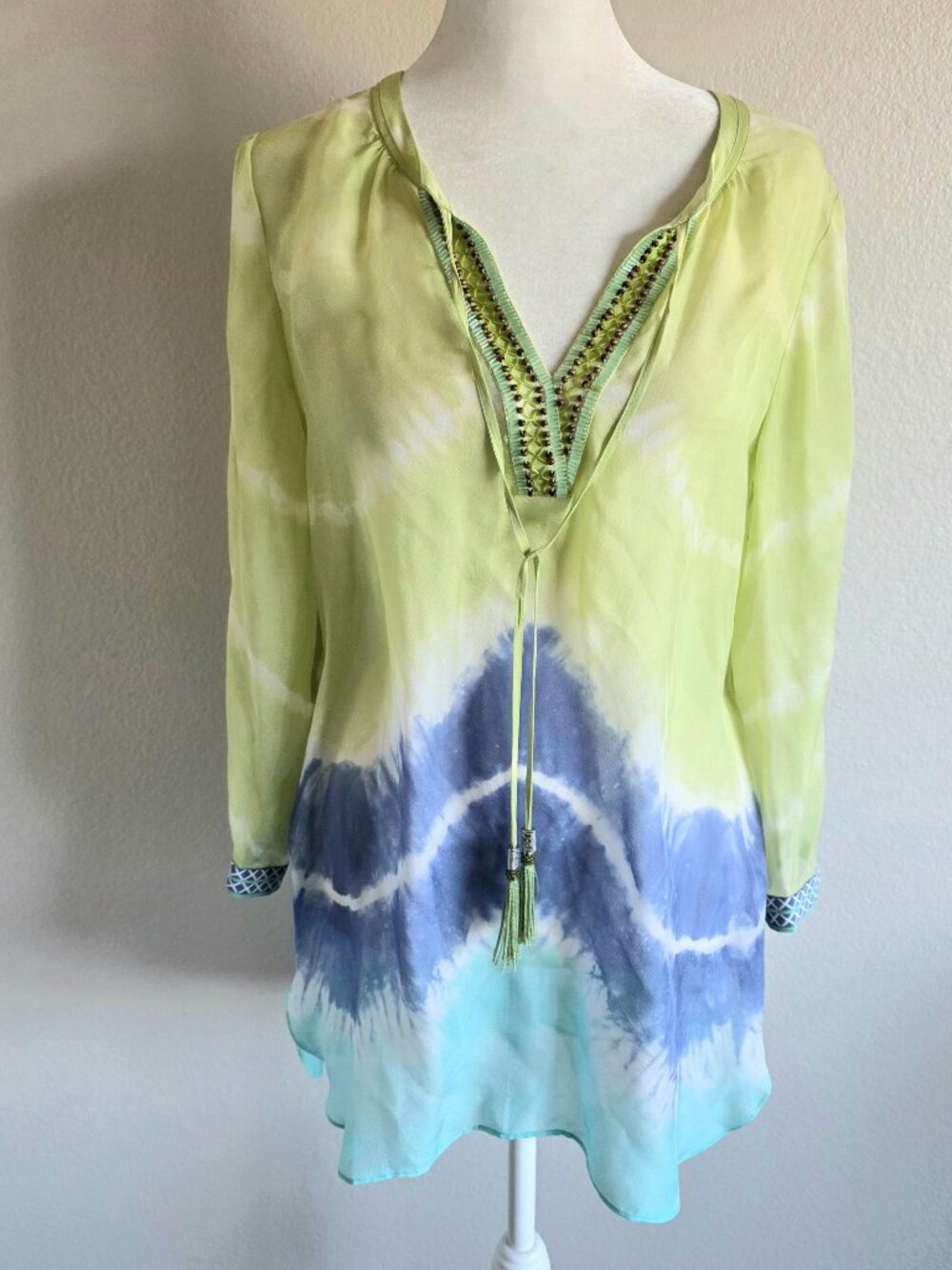 HALE BOB Silk Blouse Top Size S Tie Dye Beaded Sheer Boho Tassels Green Blue